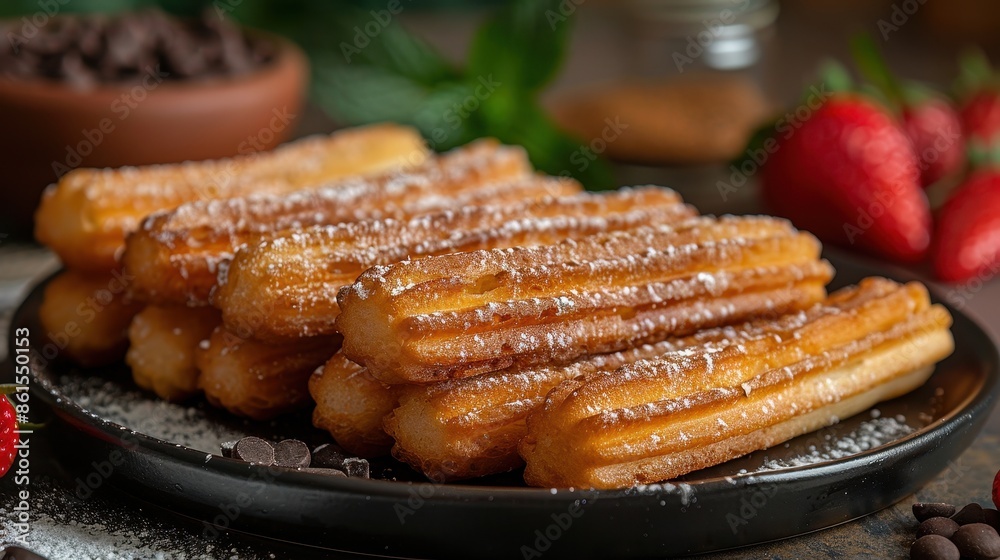 Freshly made churros, perfectly crisp and golden, delicately sprinkled with sugar and paired with strawberries, providing a delectable mix of flavors and a visually appealing dessert. Freshly made churros, perfectly crisp and golden, delicately sprinkled with sugar and paired with strawberries, providing a delectable mix of flavors and a visually appealing dessert.