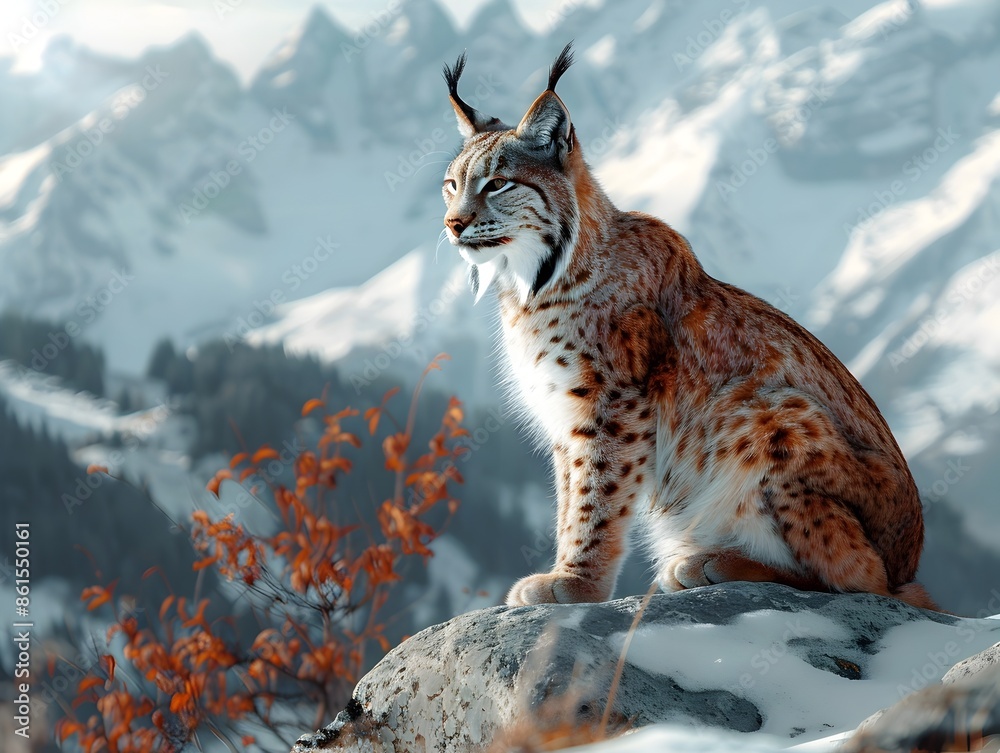 Obraz premium Majestic Lynx Perched Atop a Snow Capped Mountain Surveying the Serene Wilderness