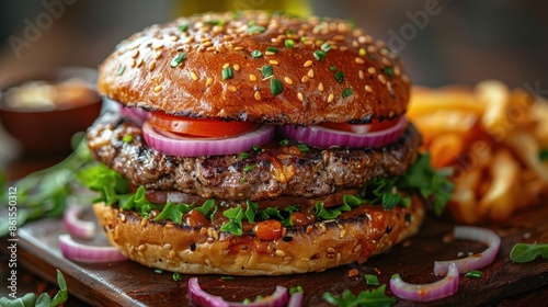 A delectable gourmet burger featuring juicy beef patty, fresh lettuce, tomato slices, red onion, and sauces, all nestled within a sesame seed bun, offering a tasty culinary experience. photo