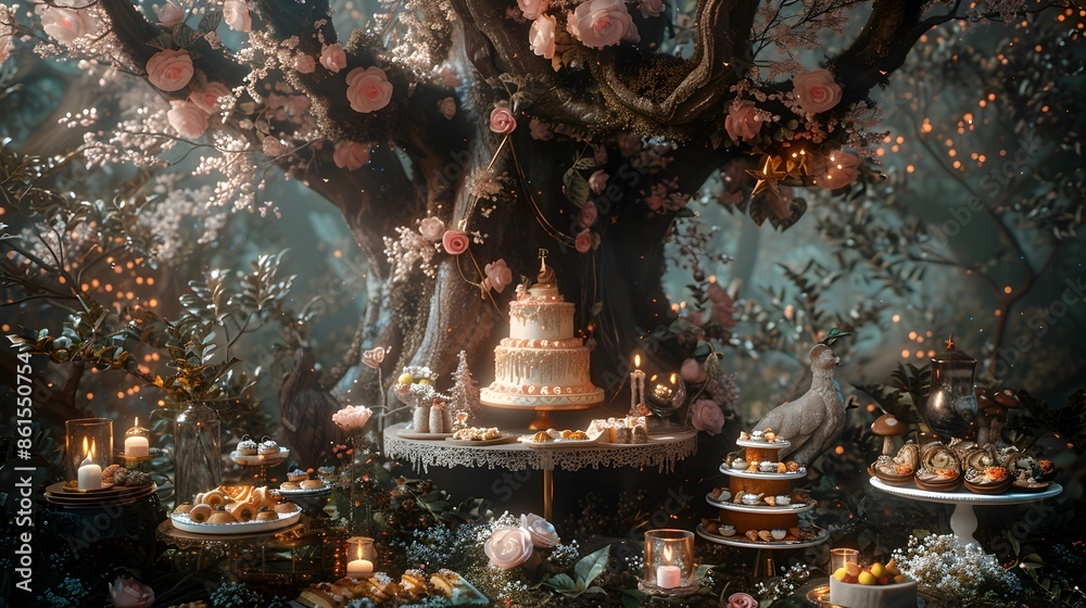 Fototapeta premium Enchanted Forest Birthday Party with Magical Cake and Whimsical Decor