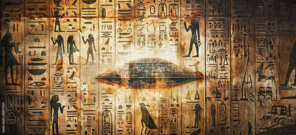 Ancient egyptian hieroglyphs with ufo Stock Illustration | Adobe Stock
