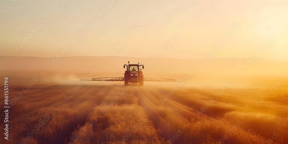 Fototapeta premium Agricultural tractor spraying field with sprayer illustrating modern farming practices. Concept Agricultural Technology, Modern Farming Practices, Spraying Equipment, Crop Protection