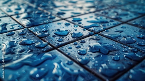 An artistic photograph of blue tiles adorned with plentiful water droplets, presenting a visually appealing pattern that brings out an ambiance of tranquility and wetness.