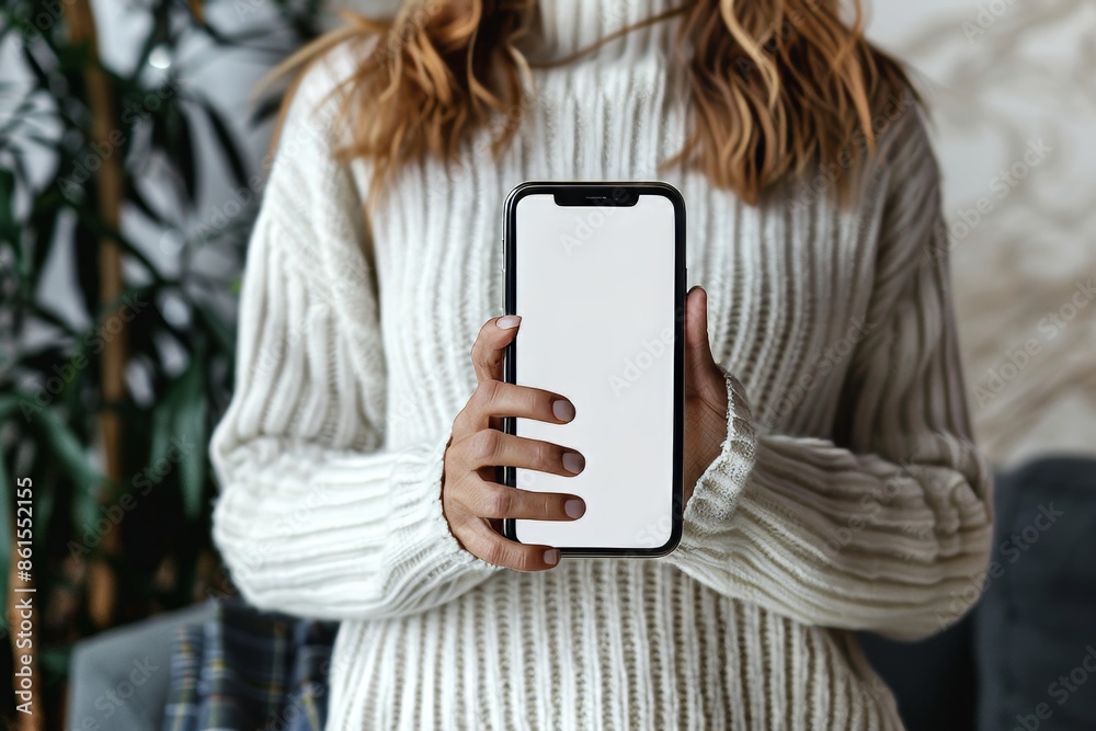 Digital mockup over a shoulder of a middle-aged woman holding an smartphone with an entirely white screen Digital mockup over a shoulder of a middle-aged woman holding an smartphone with an entirely white screen