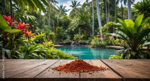 rustic wooden table and, in the background, a tropical spice garden blurred with nature, aromatic plants, vegetation, and sky, to use as a background for products.