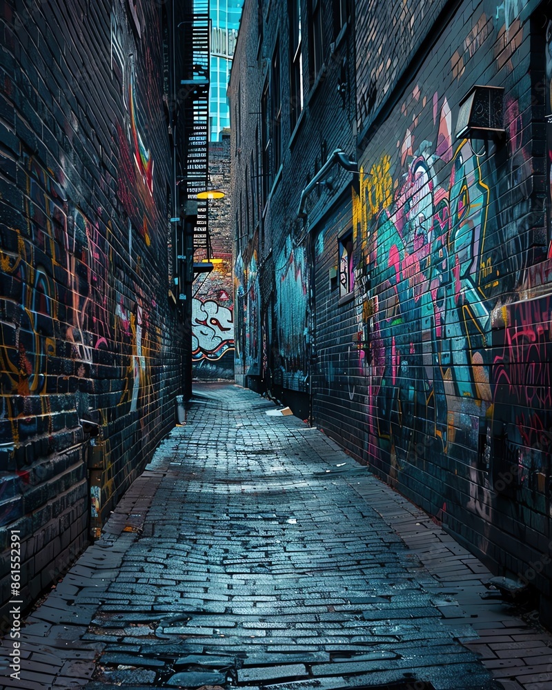 Fototapeta premium Urban alleyway with vibrant graffiti art on brick walls, captured during a quiet evening. Perfect for cityscape and street art themes.
