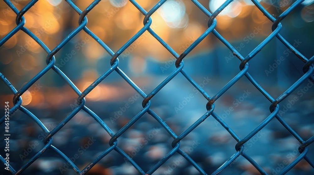 Fototapeta premium A chain-link fence is featured in this image, with the background fading into a soft bokeh effect, emphasizing the boundary and the serene natural environment beyond.