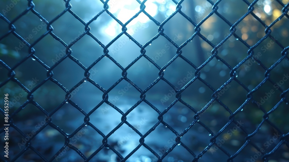 Fototapeta premium A chain-link fence lines a pathway that disappears into a tranquil, foggy morning mist, creating a mysterious and calming atmosphere as light peeks through.