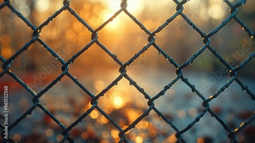 This image captures a wet chain-link fence adorned with raindrops. The sun shines in the background, creating a warm and reflective surface on the fence. photo