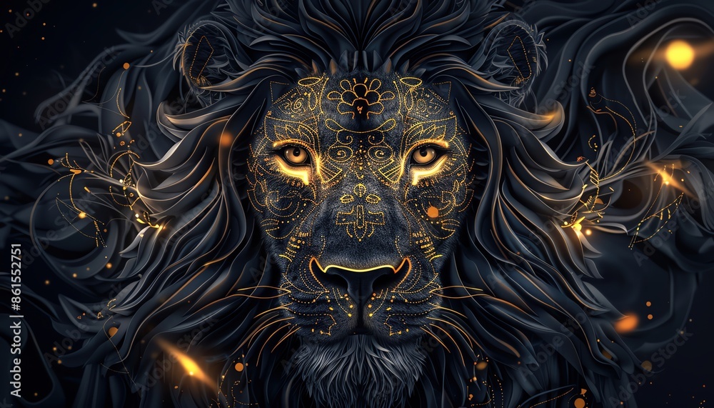 Intricate digital artwork of a majestic lion with vibrant glowing details and a dark, enchanting background, exuding power and elegance.