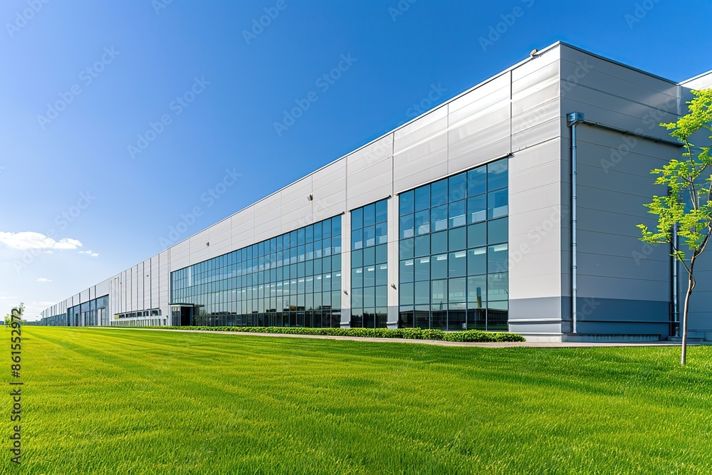 Modern warehouse facade on a sunny day, distribution center. Industrial Building of modern logistics hub. Loading dock. Large Business Entrance. Innovative logistic complex exterior. Cargo storage Modern warehouse facade on a sunny day, distribution center. Industrial Building of modern logistics hub. Loading dock. Large Business Entrance. Innovative logistic complex exterior. Cargo storage