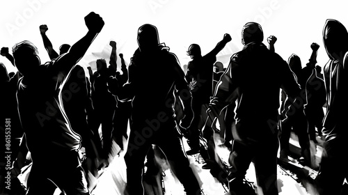 silhouettes d'hommes en colère, le bras levé - illustration en noir et blanc 