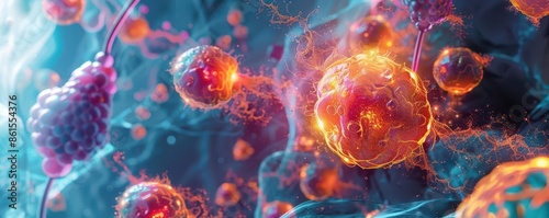 Abstract concept art showing the body s immune system battling cancer cells, bright and bold colors, dynamic motion, high-tech medical imagery photo