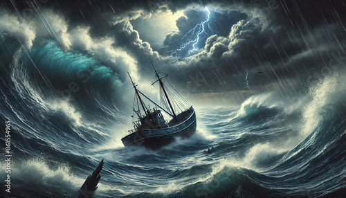 Digital painting of a fishing boat in a rough sea