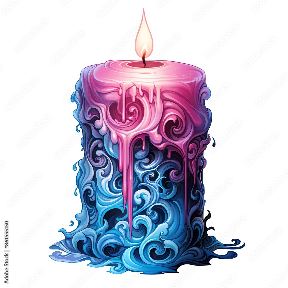 Vibrant pink and blue candle with artistic wax drips, blending bright colors in a visually striking design, ideal for decor or relaxation themes. Vibrant pink and blue candle with artistic wax drips, blending bright colors in a visually striking design, ideal for decor or relaxation themes.