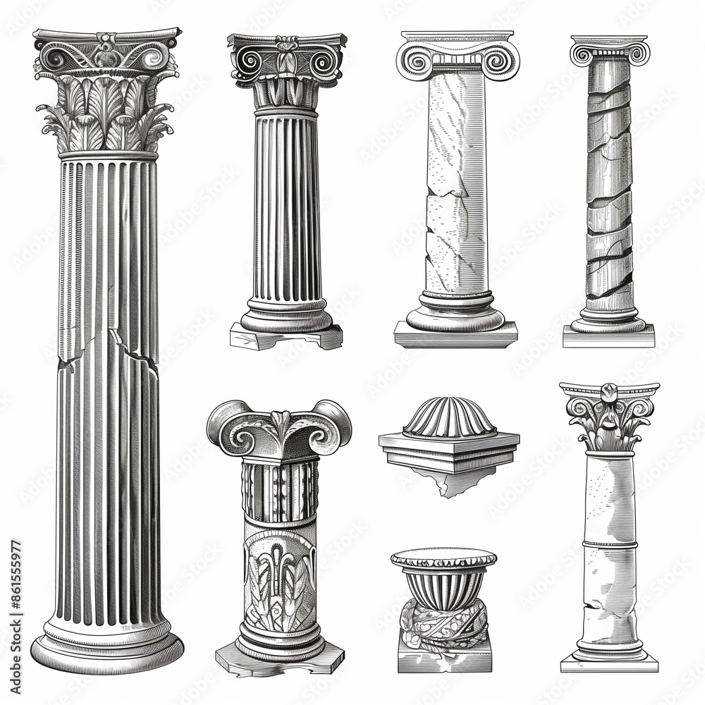 Fototapeta premium Column and pillar, antique vintage engraved illustration, isolated on white background