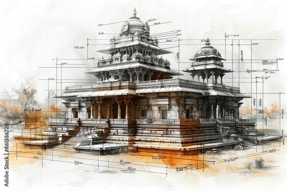 custom made wallpaper toronto digital Abstract black and white architectural sketch of a bustling marketplace with diverse stalls and goods, high resolution