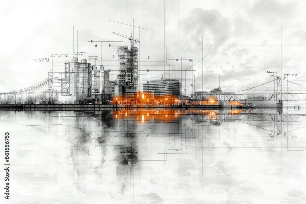 Abstract black and white architectural sketch of a winter cityscape with snow-covered buildings and streets, high resolution Abstract black and white architectural sketch of a winter cityscape with snow-covered buildings and streets, high resolution