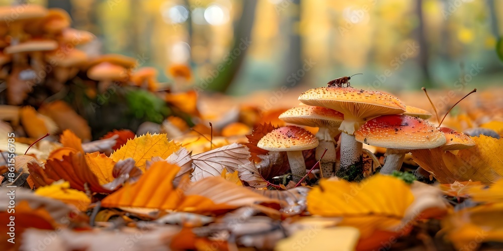 Obraz premium Chaotic yet harmonious scene of forest floor with fungi insects and leaves. Concept Forest Floor, Fungi, Insects, Leaves, Chaotic Harmony