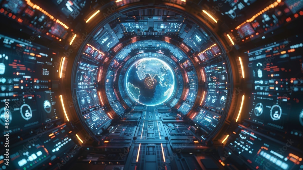 Obraz premium A Futuristic Spacecraft Corridor With A View of Earth. Generative AI