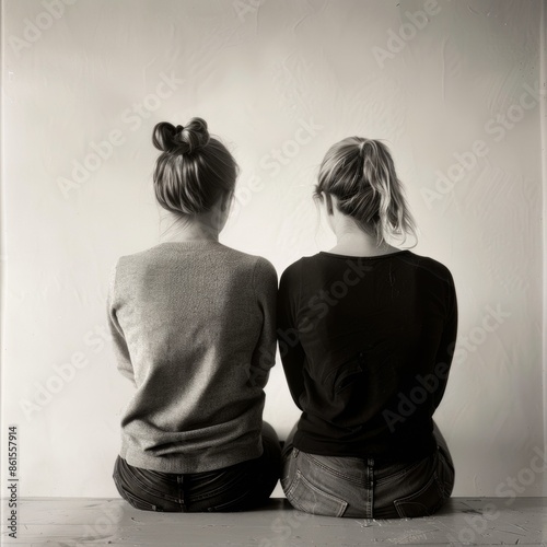 Two best friends sitting in silence their body language conveying their unspoken understanding and connection. Black and white art photo