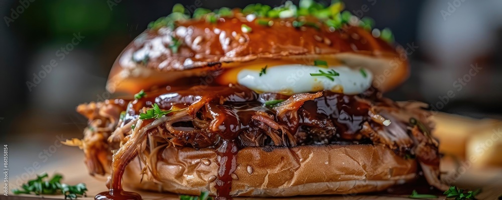 Delicious pulled pork burger with barbecue sauce and cilantro garnish, served on a brioche bun with a side of crispy fries. Delicious pulled pork burger with barbecue sauce and cilantro garnish, served on a brioche bun with a side of crispy fries.
