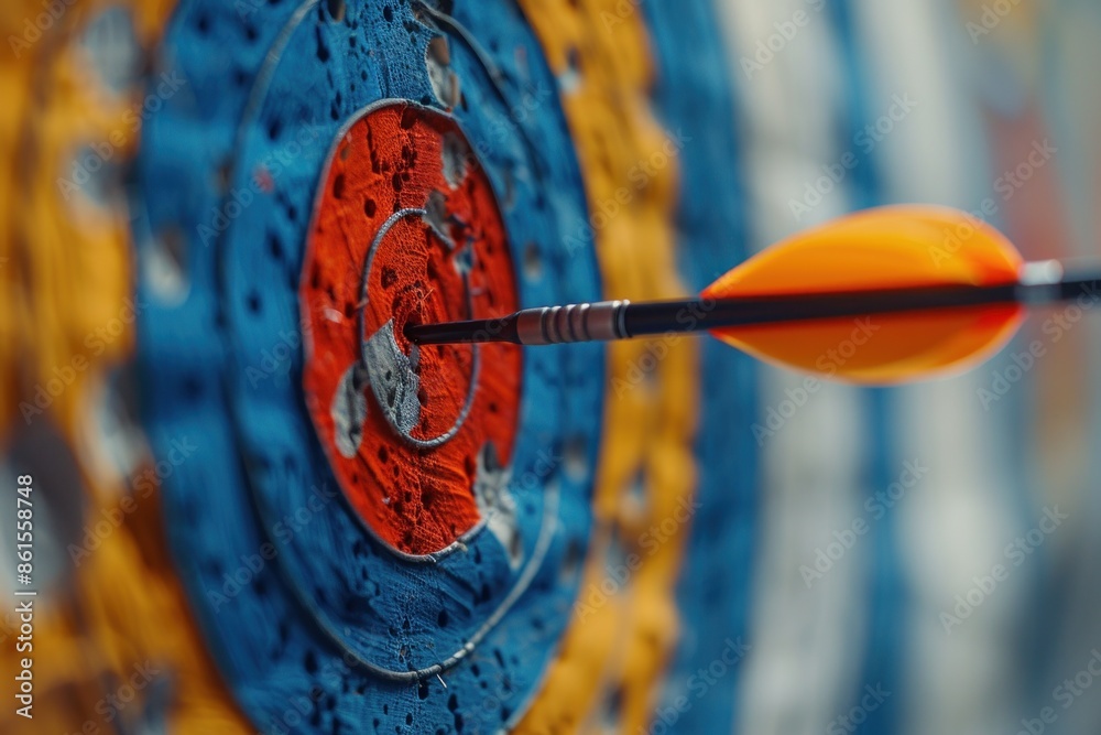 Dart landing in the center of a brightly lit target, highlighting goal achievement, good luck, and making the right decision Dart landing in the center of a brightly lit target, highlighting goal achievement, good luck, and making the right decision