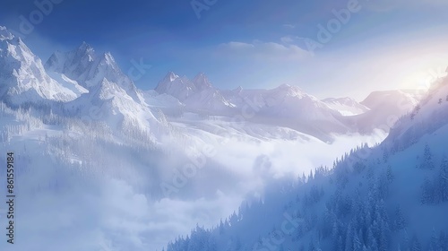 This is a beautiful winter landscape of snow-capped mountains and a valley of pine trees. The sun is shining brightly, and the sky is a clear blue.