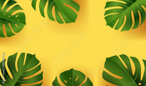 Green monstera leaves on yellow background tropical foliage border summer nature design