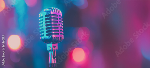 Retro microphone on stage with colorful lights