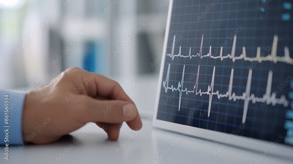 Doctor examining an ECG printout in a clinical setting Doctor examining an ECG printout in a clinical setting