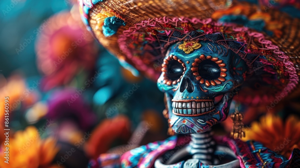 Obraz premium A highly detailed skull adorned with an array of vibrant colors and intricate patterns, symbolizing traditional cultural festivities and showcasing exceptional artistic craftsmanship.