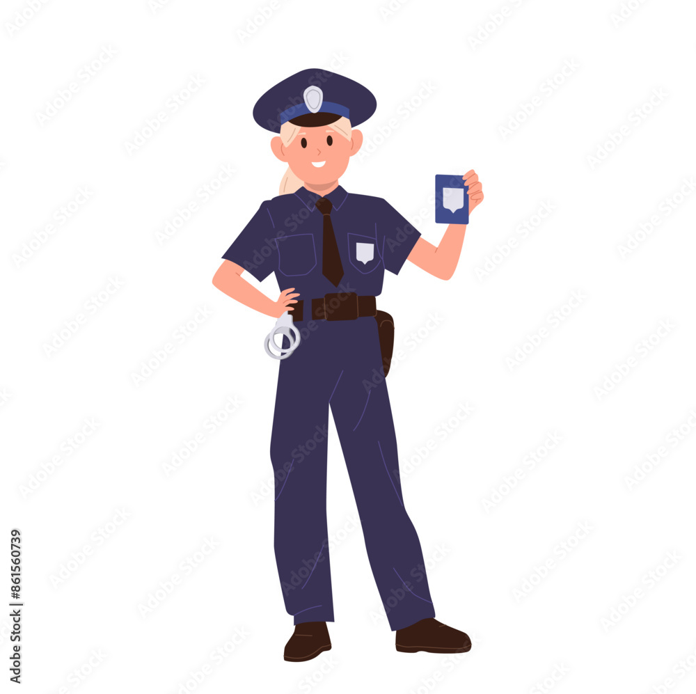 Cute preteen girl child cop isolated cartoon character in traditional uniform showing police badge Cute preteen girl child cop isolated cartoon character in traditional uniform showing police badge