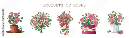 Set of vector illustration of flower arrangement. Rose flower. Bouquets, potted rose. Hand-drawn illustration for decoration of flower shop, flower market.