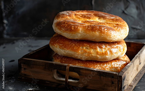 Freshly Stacked Bazlama Bread on Wooden Tray. Traditional Bazlama Bread Displayed in Wooden Tray
Stack of Homemade Bazlama Bread in Rustic Setting photo