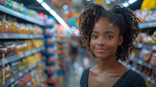 smiling teen shopping in supermarket; african american teenager shopping in grocery store; smiled girl looking directly at the camera; young girl in her 16s 18s 20s 21s in mall; copy space photo