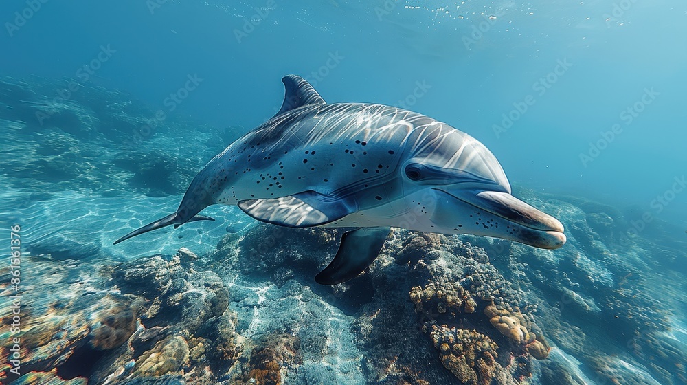 Naklejka premium This captivating underwater photograph captures a dolphin swimming effortlessly above a vibrant coral reef, highlighting the beauty and diversity of the marine ecosystem.