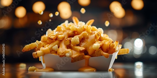 Neon Sign Showcasing Poutine Dish with Melting Cheese Curds and Gravy-Soaked Fries. Concept Food Photography, Neon Sign, Poutine Dish, Cheese Curds, Gravy-soaked Fries photo