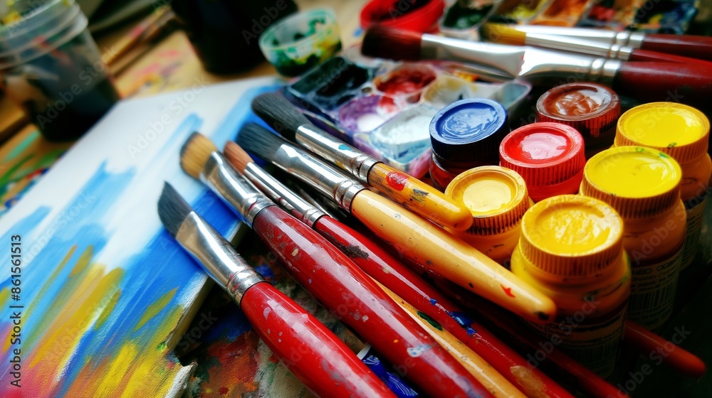 Naklejka premium Colorful Art Supplies Featuring Paints and Brushes on Canvas