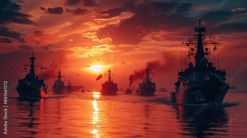 Military navy ships in a sea bay at sunset Military navy ships in a sea bay at sunset