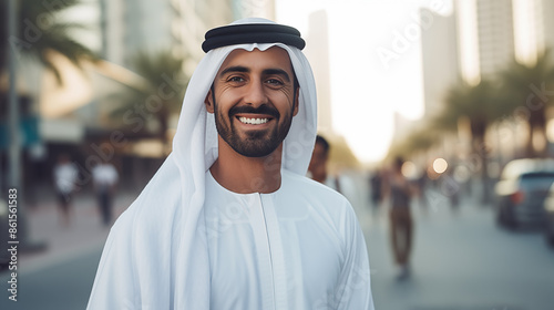 A young Arab man smiling in the street of Dubai