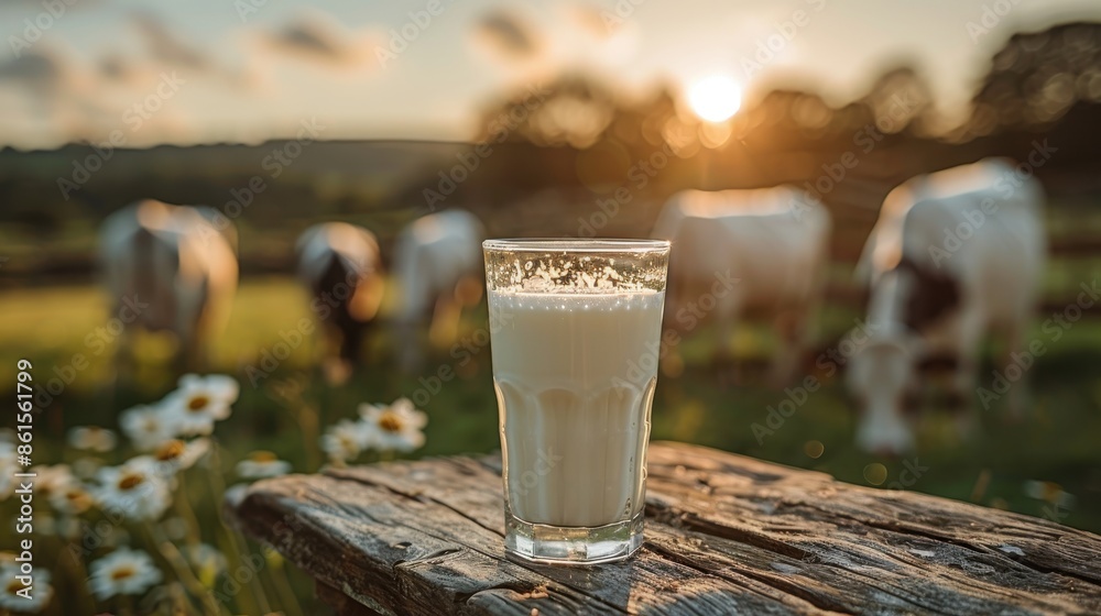 A picturesque glass of milk sitting on a vintage wooden table, with cows grazing against the backdrop of a beautiful sunset, exemplifying the simple pleasures of countryside living. A picturesque glass of milk sitting on a vintage wooden table, with cows grazing against the backdrop of a beautiful sunset, exemplifying the simple pleasures of countryside living.