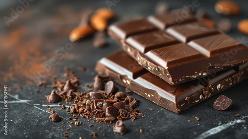 Tempting chocolate bars are placed in an enticing arrangement, highlighted by crunches and chocolate chips, providing a luxurious and rich experience for true chocolate aficionados. © svastix