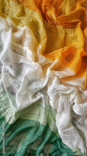 Carefully arrange saffron, white, and green fabrics in sequence to form the Indian Flag,generative ai