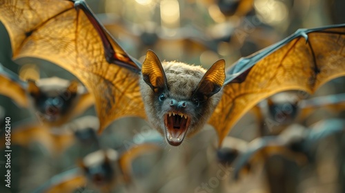 A group of bats flying in the forest with one bat in sharp focus, showcasing its details and features, stirring a sense of mystery and fascination.