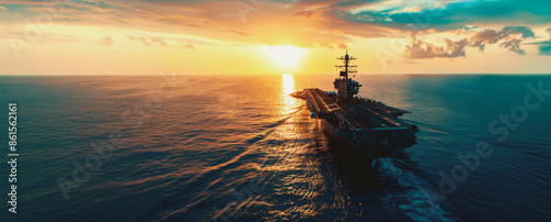 Us navy aircraft carrier at sunset on the open ocean