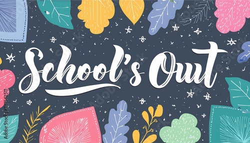 Various motifs on the topic of school holidays and school is out, suitable for heat holidays, summer holidays or autumn holidays. Beach, palm trees, water and text in handwritten letters