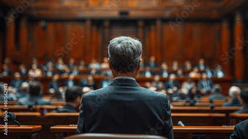 The image captures the back of a judge overlooking a courtroom filled with people, highlighting the solemnity and gravity of a legal proceeding in a grand courtroom. © svastix