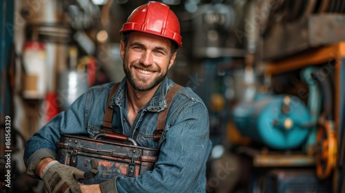 A cheerful worker, sporting a red hard hat, smiles confidently in an industrial setting, highlighting safety and positivity in a bustling work environment. photo