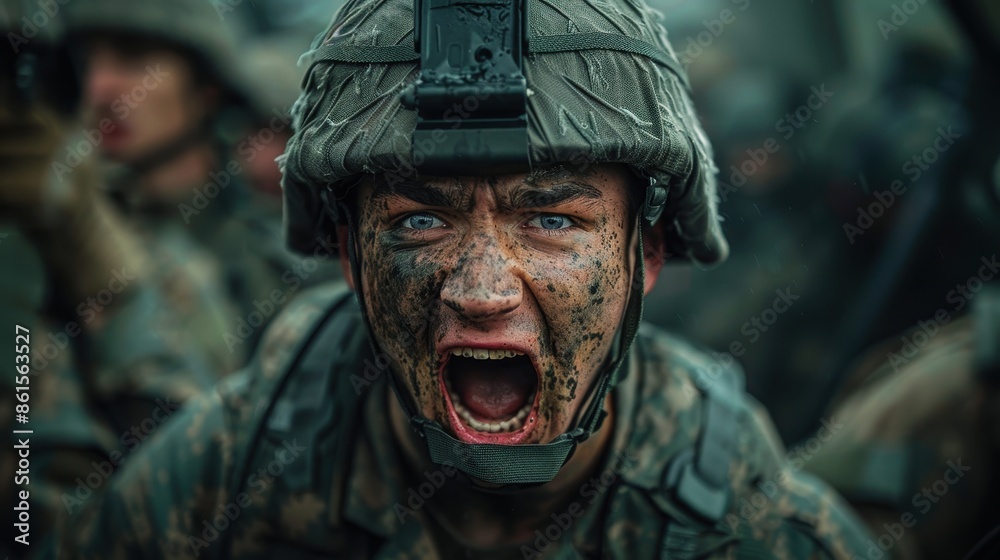 Fototapeta premium A soldier in the midst of a combat drill screams intensely, his face smeared with mud, representing raw emotion, determination, and military rigor in a high-stakes environment.